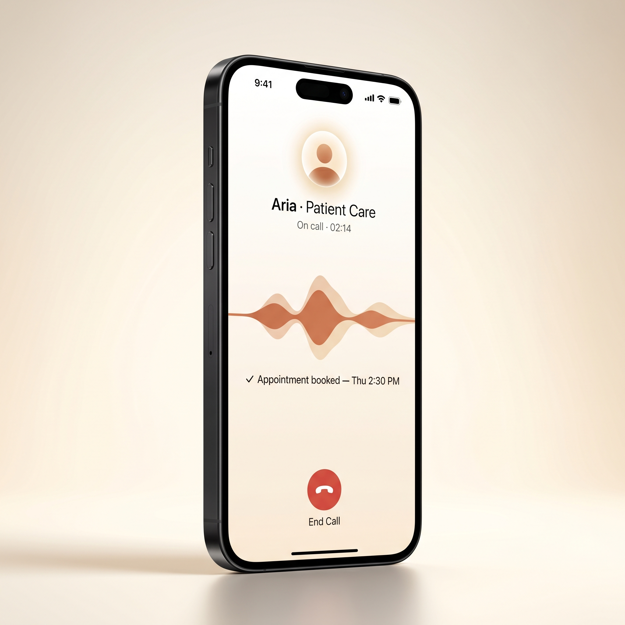 iPhone showing the Aria AI receptionist mid-call with a clay-orange voice waveform and a confirmation that an appointment was booked for Thursday at 2:30 PM